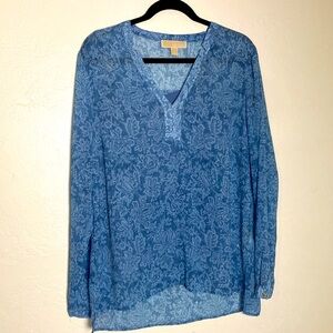 Michael Kors Blue Sheer Print V Neck Long Sleeve Blouse W Cami L
